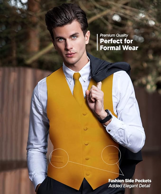 Vittorio Farina Solid Satin Vest Set (Black Back) Var. 02 (Lime-Rose Gold) - vest_plain_BB_mustard_XS - Classy Cufflinks