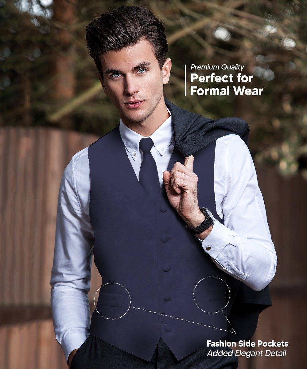 Vittorio Farina Solid Satin Vest Set (Black Back) Var. 02 (Lime - Rose Gold) - vest_plain_BB_navy_XS - Classy Cufflinks