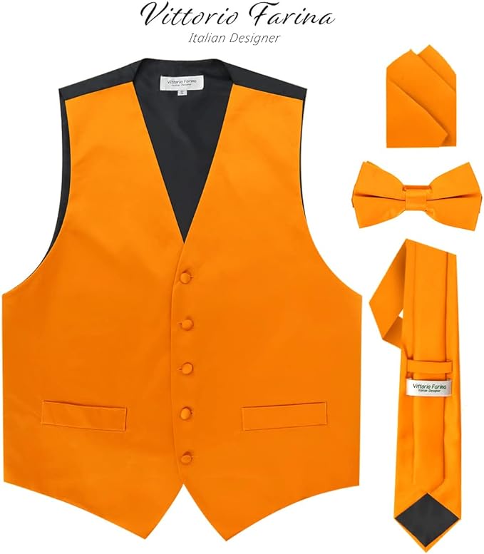 Vittorio Farina Solid Satin Vest Set (Black Back) Var. 02 (Lime-Rose Gold) - vest_plain_BB_orange_XS - Classy Cufflinks