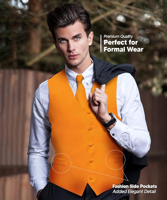 Vittorio Farina Solid Satin Vest Set (Black Back) Var. 02 (Lime-Rose Gold) - vest_plain_BB_orange_XS - Classy Cufflinks