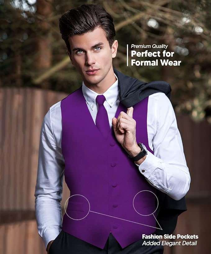 Vittorio Farina Solid Satin Vest Set (Black Back) Var. 02 (Lime-Rose Gold) - vest_plain_BB_purple_XS - Classy Cufflinks