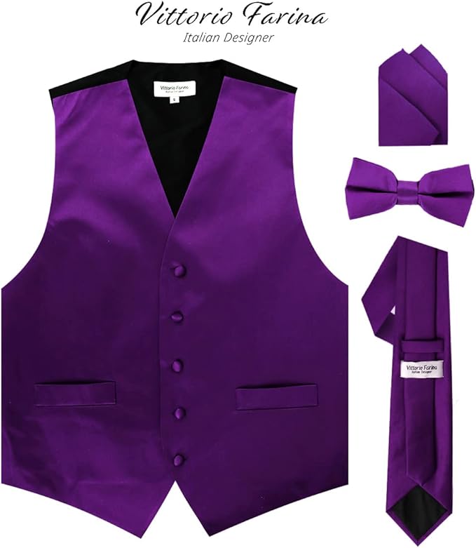 Vittorio Farina Solid Satin Vest Set (Black Back) Var. 02 (Lime-Rose Gold) - vest_plain_BB_purple_XS - Classy Cufflinks