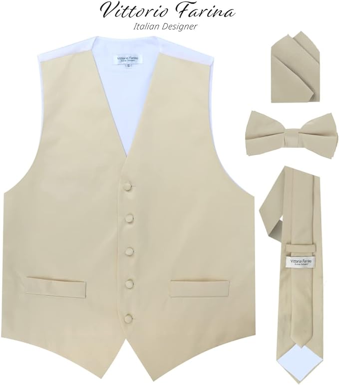 Vittorio Farina Solid Satin Vest Set (White Back) Var. 01 (Beige-Maize) - vest_plain_WB_beige_XS - Classy Cufflinks