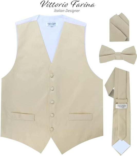 Vittorio Farina Solid Satin Vest Set (White Back) Var. 01 (Beige-Maize) - vest_plain_WB_beige_XS - Classy Cufflinks