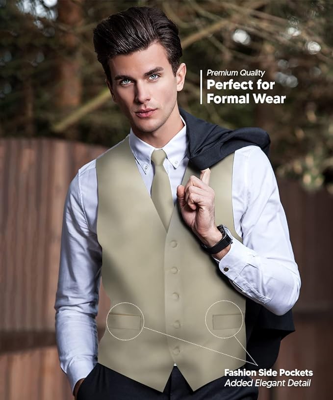 Vittorio Farina Solid Satin Vest Set (White Back) Var. 01 (Beige-Maize) - vest_plain_WB_beige_XS - Classy Cufflinks