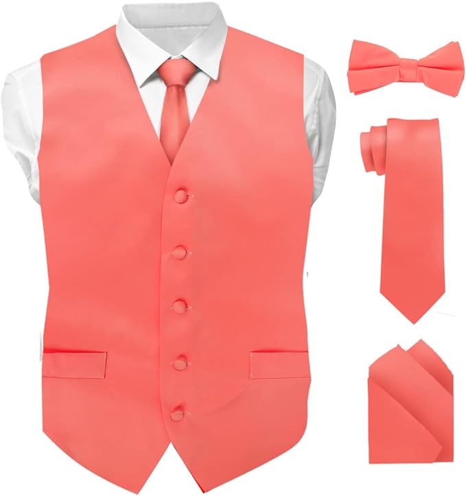 Vittorio Farina Solid Satin Vest Set (White Back) Var. 01 (Beige-Maize) - vest_plain_WB_coral_XS - Classy Cufflinks