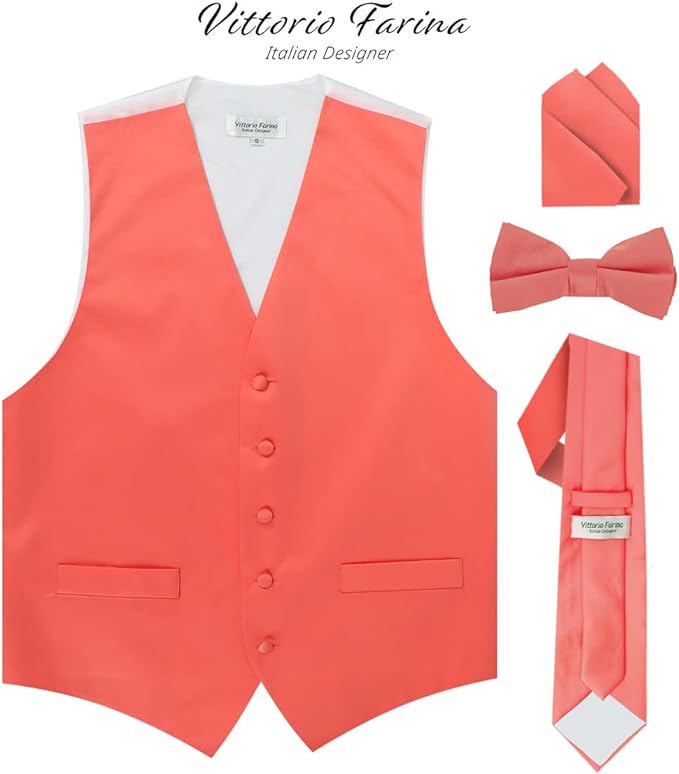 Vittorio Farina Solid Satin Vest Set (White Back) Var. 01 (Beige-Maize) - vest_plain_WB_coral_XS - Classy Cufflinks