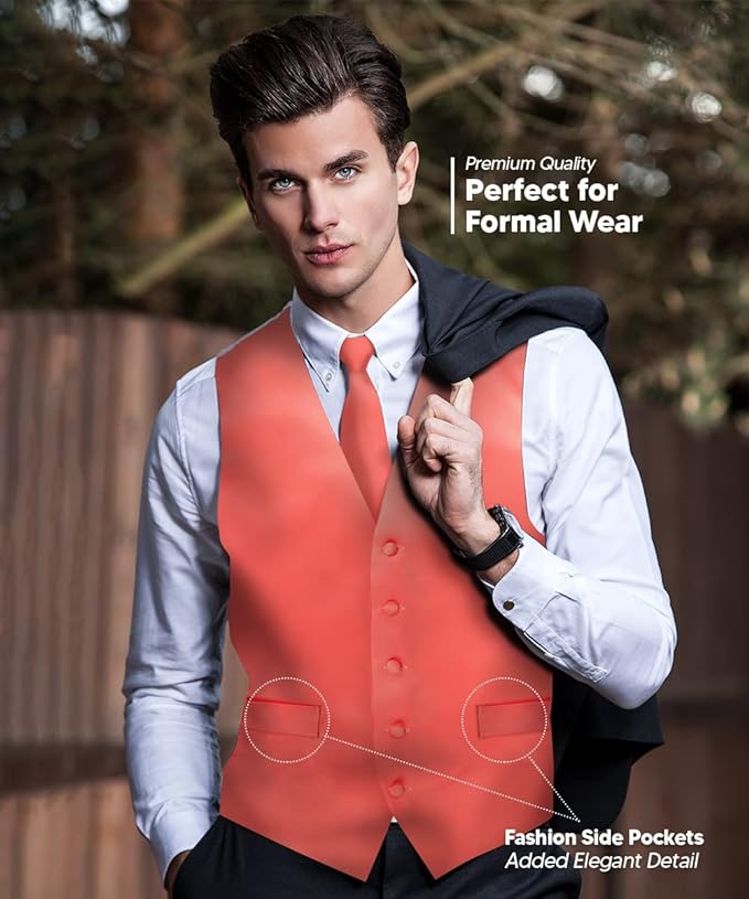 Vittorio Farina Solid Satin Vest Set (White Back) Var. 01 (Beige-Maize) - vest_plain_WB_coral_XS - Classy Cufflinks