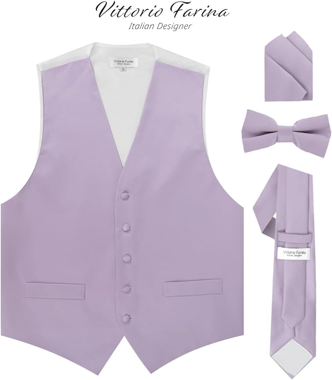 Vittorio Farina Solid Satin Vest Set (White Back) Var. 01 (Beige-Maize) - vest_plain_WB_lavender_XS - Classy Cufflinks