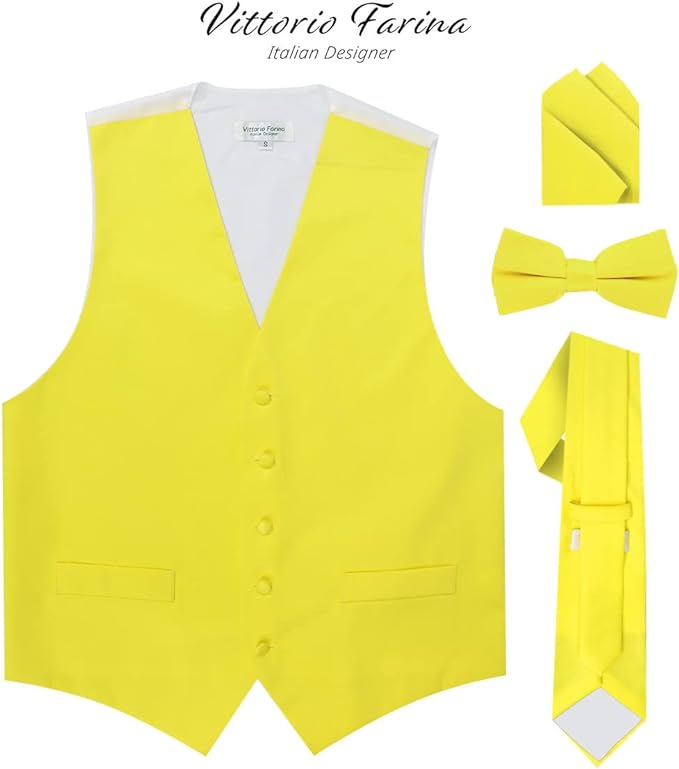 Vittorio Farina Solid Satin Vest Set (White Back) Var. 01 (Beige-Maize) - vest_plain_WB_lemon_XS - Classy Cufflinks