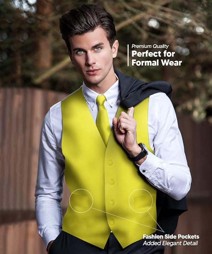 Vittorio Farina Solid Satin Vest Set (White Back) Var. 01 (Beige-Maize) - vest_plain_WB_lemon_XS - Classy Cufflinks