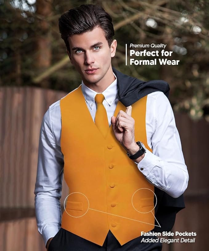 Vittorio Farina Solid Satin Vest Set (White Back) Var. 02 (Mustard-Yellow) - vest_plain_WB_mustard_XS - Classy Cufflinks