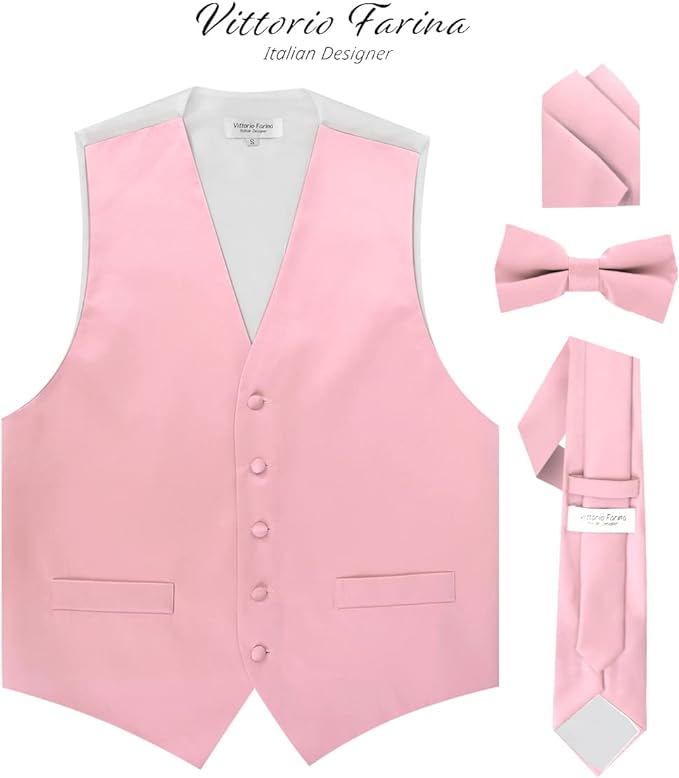 Vittorio Farina Solid Satin Vest Set (White Back) Var. 02 (Mustard-Yellow) - vest_plain_WB_pink_XS - Classy Cufflinks