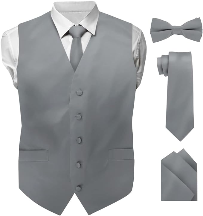 Vittorio Farina Solid Satin Vest Set (White Back) Var. 02 (Mustard-Yellow) - vest_plain_WB_silvergrey_XS - Classy Cufflinks