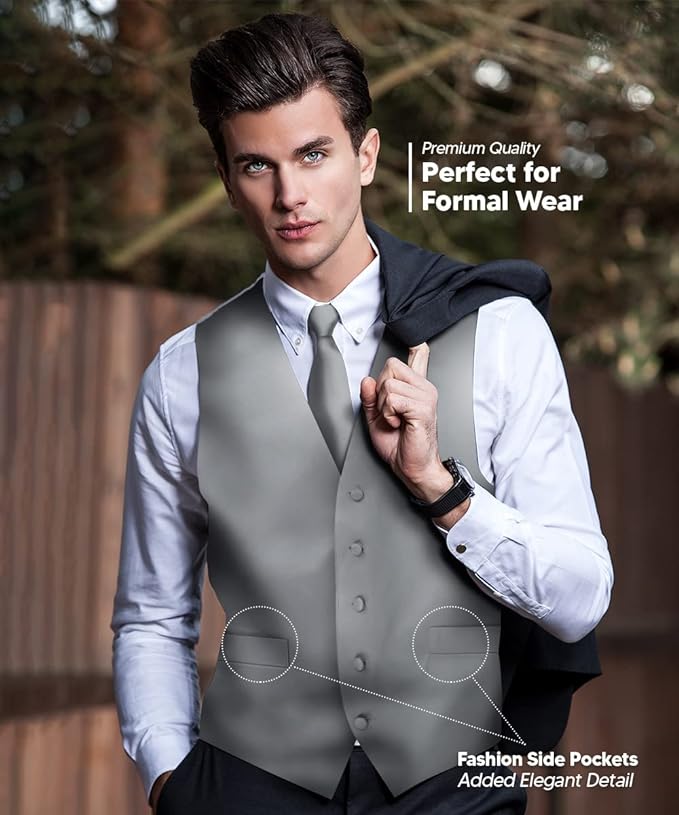 Vittorio Farina Solid Satin Vest Set (White Back) Var. 02 (Mustard-Yellow) - vest_plain_WB_silvergrey_XS - Classy Cufflinks