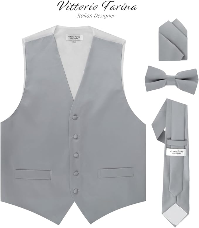 Vittorio Farina Solid Satin Vest Set (White Back) Var. 02 (Mustard-Yellow) - vest_plain_WB_silvergrey_XS - Classy Cufflinks