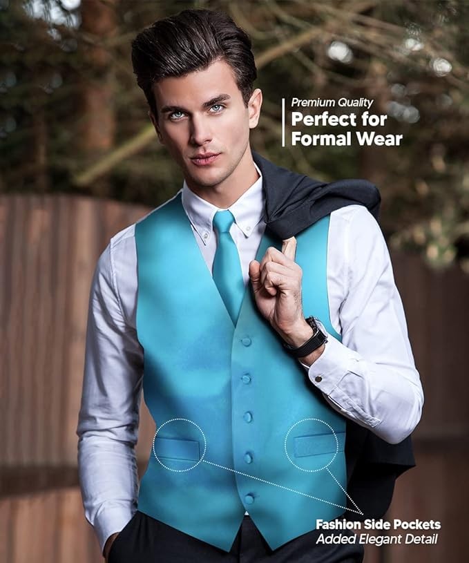 Vittorio Farina Solid Satin Vest Set (White Back) Var. 02 (Mustard-Yellow) - vest_plain_WB_turquoise_XS - Classy Cufflinks